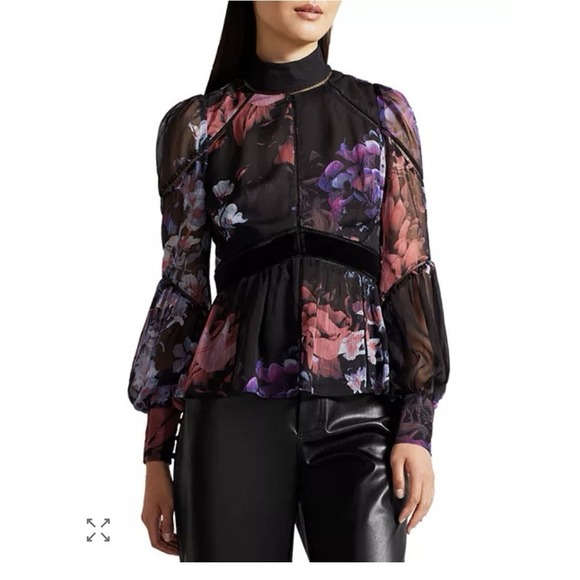 Ted Baker NWT Neeveh Ladder Velvet Trim Top Designer Women's Blouse Small Sheer - Picture 1 of 16
